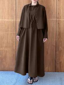 Women's Elegant Vintage Elegant 2-Piece Dress Set, Solid Color Summer - Brown - View 2