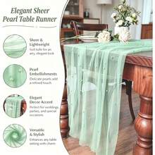 Premium Hand-Stitched Pearl Mesh Table Runner Mint Green Sheer Tulle Tablecloth Overlay For Outdoor Wedding Baby Shower Birthday Tea Party Home Decor - Mint Green - View 6