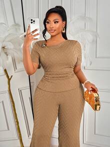 BIUBIU Stylish Plus Size 2 Pieces Outfits For Women Round Neck Short Sleeve Top With Ruched Waist And Wide Leg Pants, Medium Stretch For Comfort Elegant - Brownish Color - View 4