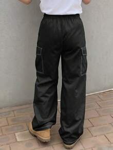 1pc Boys' American Streetwear College Style Sports Multi-Pocket Straight Leg Casual Long Pants - Black - View 2