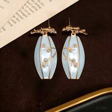 1 Pair Vintage Elegant Light Blue Glazed Golden Plum Blossom Vase Pendant Earrings, Suitable For Women's Daily Wear, Formal Events, Gifts For Her, Holiday Gifts - Light Blue - View 6