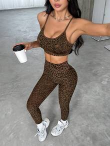 Leopard Print Women's Sports Set Backless Sports Bra & High Waist Tummy Control Butt Lifting Leggings - Brown - View 2