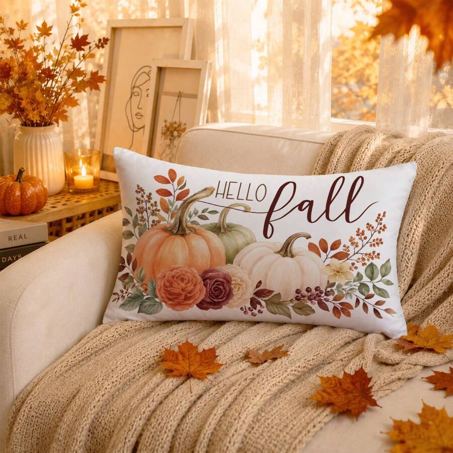 MEMNUN 1pc Autumn Berry, Autumn Leaf, Vintage Rose, Three-Color Pumpkin Pillow Case 40*40cm/45*45cm/50*50cm Made Of Polyester Material HELLO Fall Text Cushion Cover Single-Sided Print Invisible Zipper Polyester Decorative Pillowcase Without Pillow Insert Living Room, Sofa, Bedroom, Car Home Autumn Decoration - Multicolor - View 1