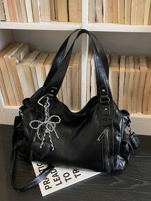 New Fashion Classic Multi-Function Commuter Solid Color Large Capacity Vintage PU Fabric Shoulder Bag Handbag Wallet, Zipper Opening Women's Bag, Suitable For Shopping, Travel - Black - View 5