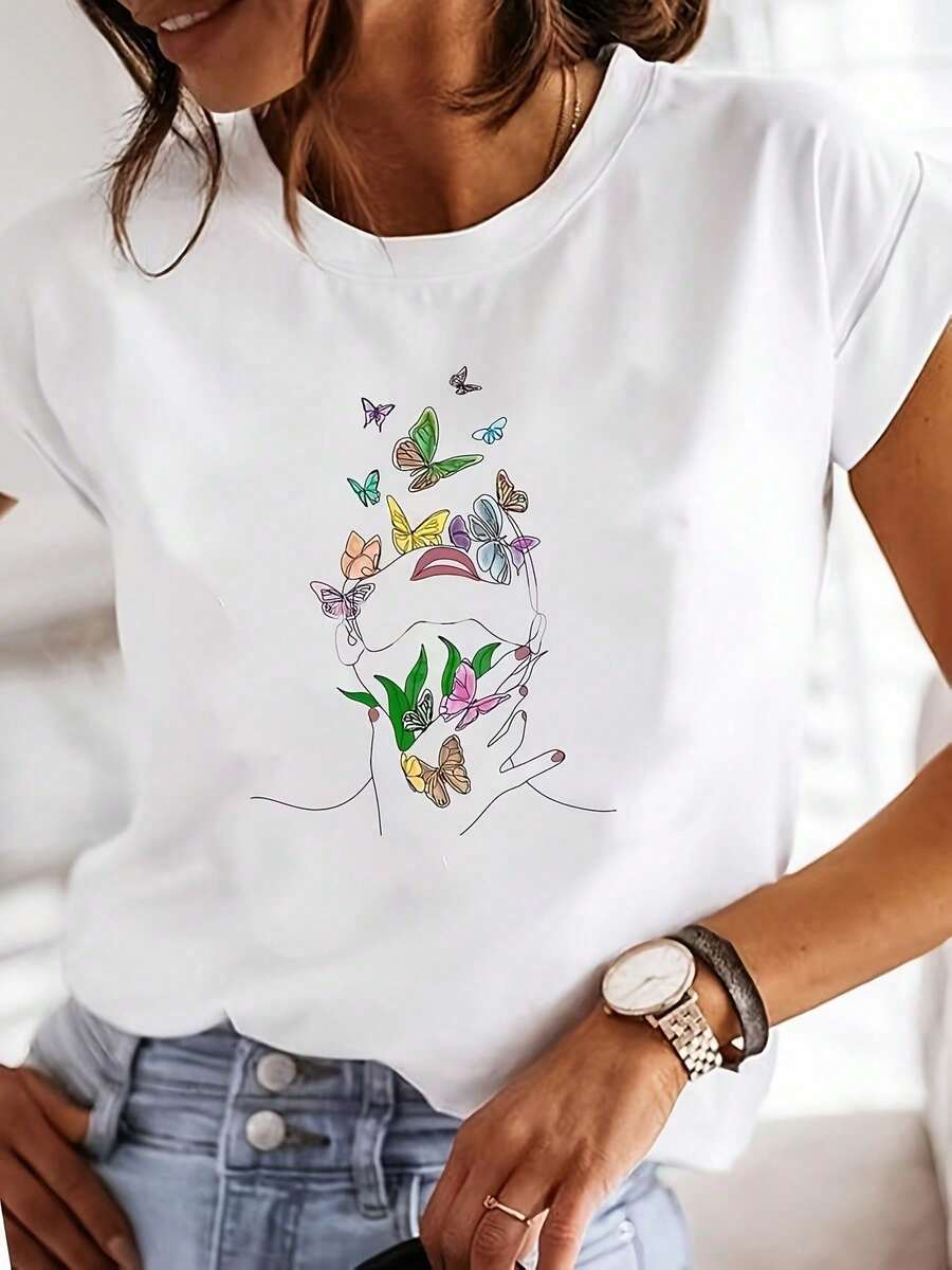 Unisex Cotton Crew Neck T-Shirt, Stylish Print Short Sleeve Top, Soft Breathable Casual Summer Tee For Men Women Daily Wear - [Blanc] - View 1