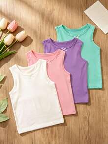 4pcs Girls Sweet Cute Solid Color Bow Tank Tops, Suitable For Girls All Season Layering And Outerwear - Multicolor - View 5