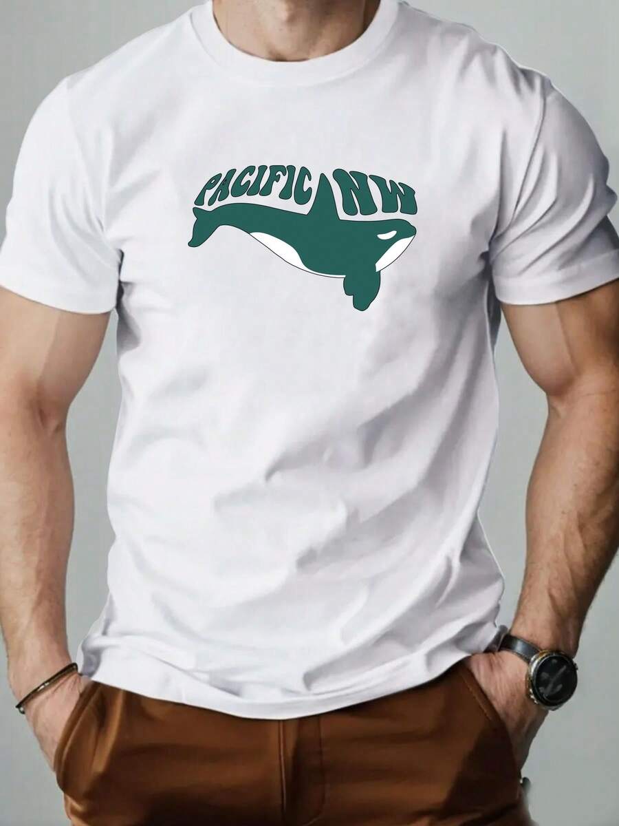 Men'S Orca Pattern Summer Casual Short-Sleeve T-Shirt - 白色 - 查看 1