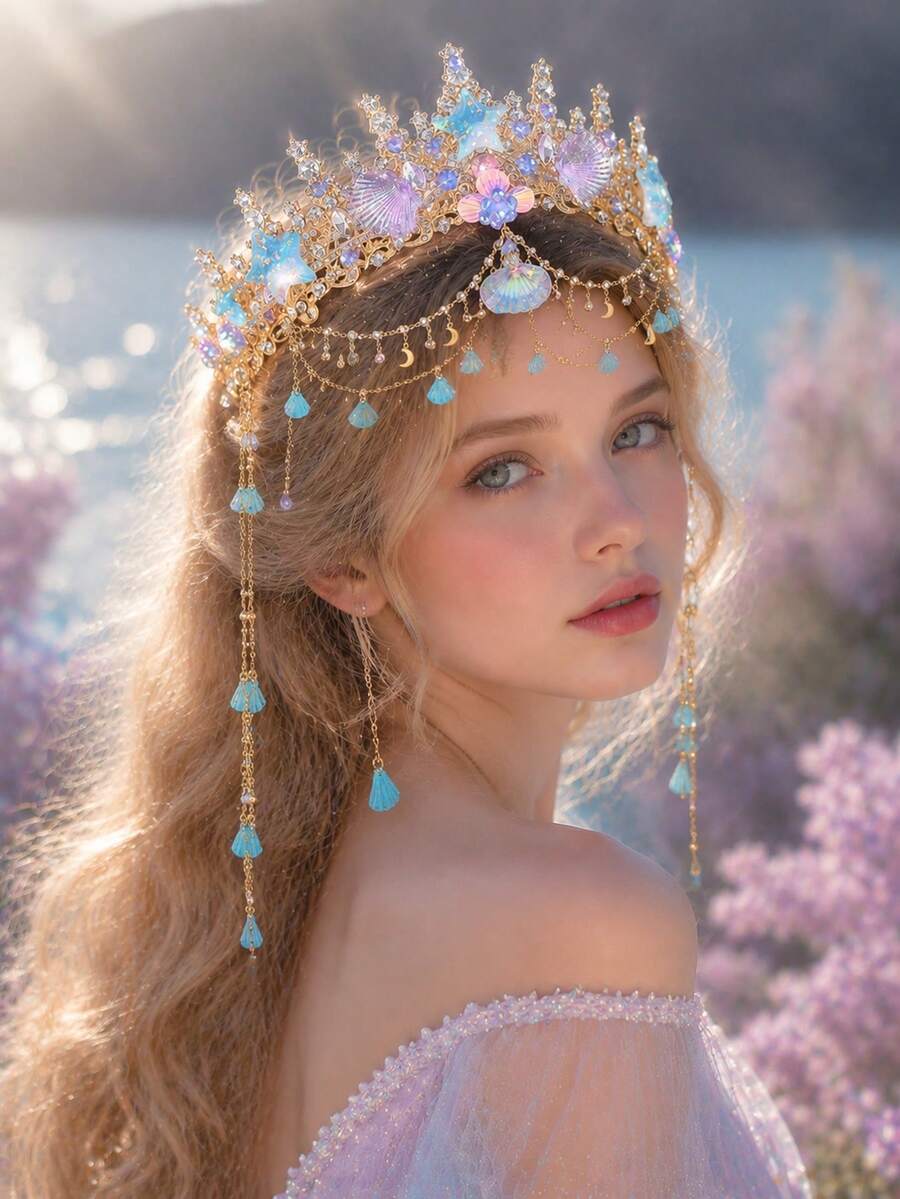 KOVLYNE 1件裝美人魚海洋皇冠髮飾，金色水晶海星與貝殼新娘髮飾，附金色流蘇鏈條，夢幻婚禮女性配件 - 金色 - 查看 1