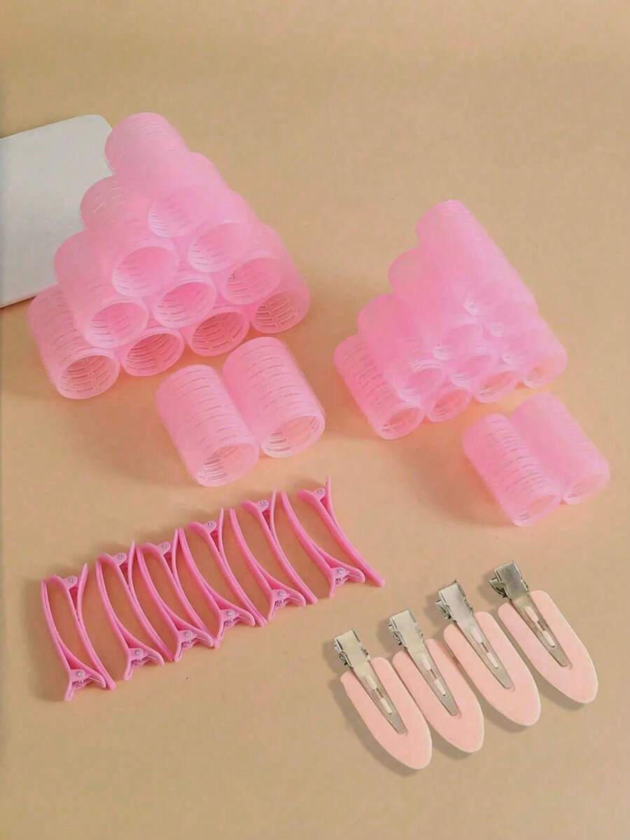 22pcs Pink Hair Roller Set, Hair Clips, Self-Adhesive Curling Tubes And Clips, Create Voluminous Hair Roots And Volume, Soft Waves DIY Salon Styling, Reusable Professional Hair Styling Tools, Curling Hair Clips - Multicolor - View 1