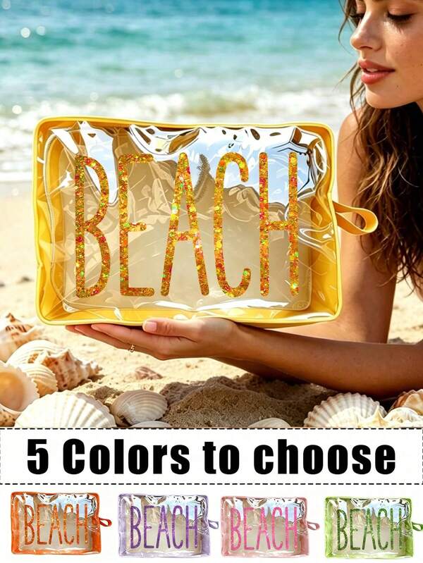 Bolsa de maquillaje transparente y colorida, bolsa de almacenamiento de artículos de papelería - Impresa con letras con purpurina BEACH, bolsa de aseo de viaje transparente e impermeable con cremallera, bolsa de almacenamiento de maquillaje portátil adecuada para mujeres, puede contener cosméticos, artículos de aseo y artículos esenciales de viaje, adecuada para uso diario, vacaciones, viajes de negocios, fitness, playa, adecuada para estudiantes, viajeros y entusiastas de la belleza, perfecta para vacaciones de verano, regalos de cumpleaños y de dama de honor, regalos de vuelta a la escuela