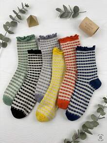 3/6 Pairs Back To School Vintage Style Ruffle Trim Striped Mid-Calf Socks, Multi-Color Fine Striped Women's Slim Fit Slouch Socks, Autumn - Multicolor - View 2