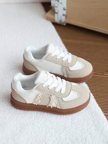 1 Pair Unisex Kids Vintage Patchwork German Training Shoes, Spring/Autumn New Casual Anti-Slip Sports Sneakers - Beige - View 4