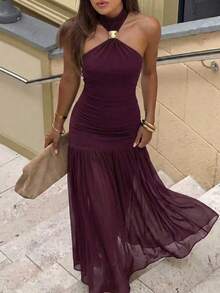 Vestido largo de mujer marrón con cuello halter | Vestido de fiesta con hebilla de metal, cintura fruncida y bajo con volantes - Morado - Ver 4