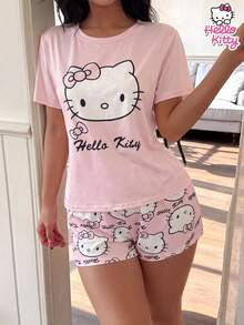 SANRIO 简约KT猫咪睡衣套装，粉色圆领印花短袖上衣+卡通印花短裤，两件套，弹性透气柔软，基础家居服/睡衣 - 粉色 - 查看 6