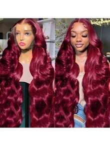 Burgundy Synthetic Lace Front Wig Long Wavy Middle Part Lace Wigs 99J Red Body Wave Pre Plucked HD Lace Wigs For Women Glueless Natural Wave For Daily Party Use 26inch - 酒紅色 - 查看 2