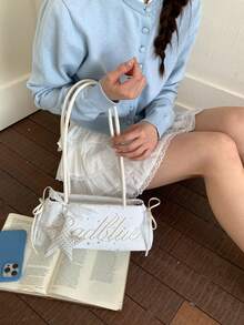 1pc Large Capacity Women's Shoulder Bag, Solid Color Fashion Bowling Bag, Zipper Closure, Letter Embroidery Decoration (Star Charm Not Included), Daily Use Bag, Suitable For Young Women - Travel, Shopping, Classroom, Date, Women's Gift, Office, Work, Travel - White - View 6