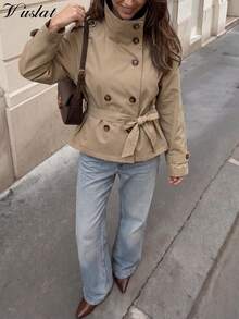 Vusalt Women's Vintage Loose Short High Collar Casual Commuter Trench Coat, Suitable For Women's Outerwear, Spring Clothing, Commuter Office Attire, Daily Wear, Street Fashion - Khaki - View 3