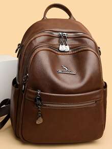 女款大容量純色時尚極簡復古後背包，2026新款跨境PU材質旅行包 - 棕色 - 查看 3
