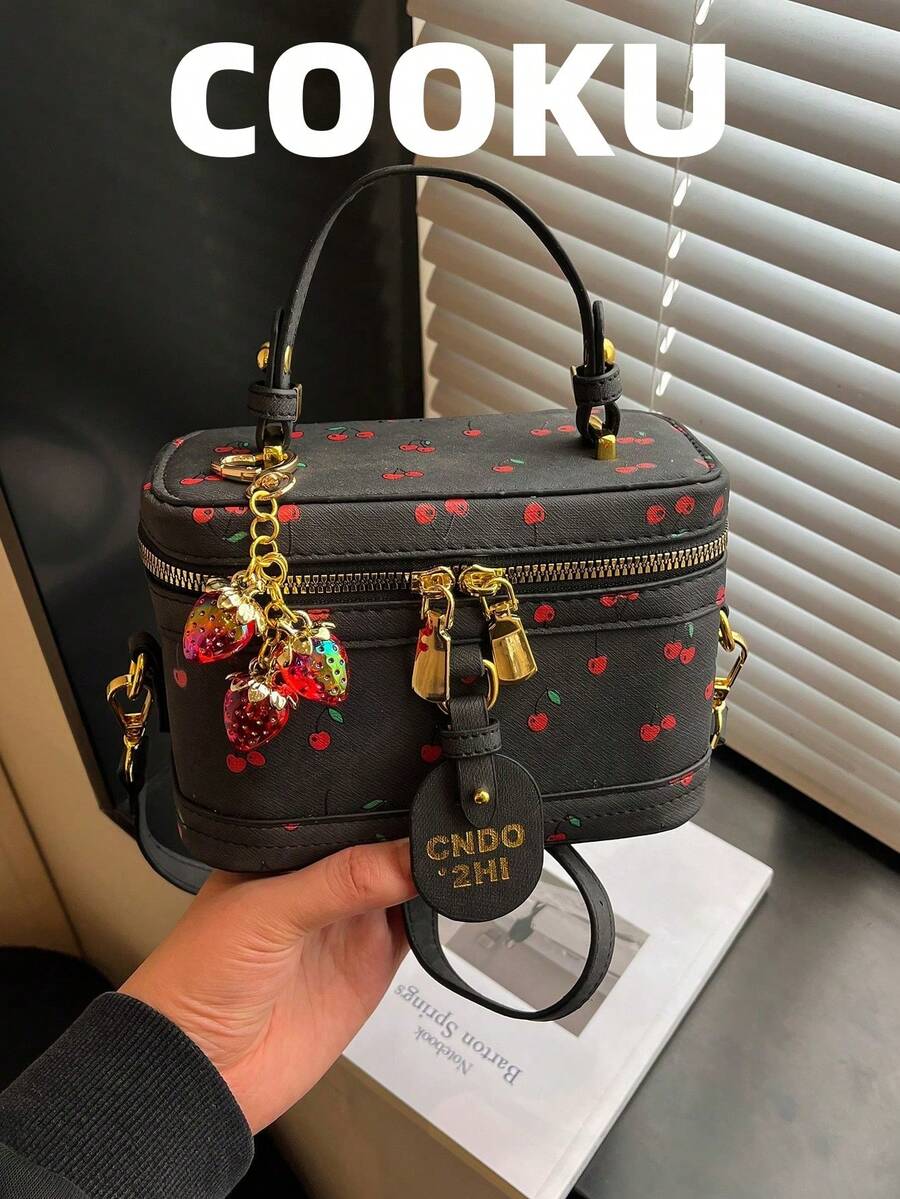 时尚新款优雅纯色PU材质便携方包，迷你PU包，防水酒红色包，字母图案装饰盒形包，适合旅行、购物、聚会、通勤