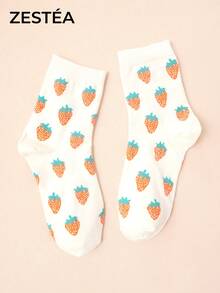 1 par de calcetines de media caña con estampado de fresas blancas, unisex, patrón de fruta lindo, calcetines de media caña de poliéster, transpirables y absorbentes de sudor, calcetines casuales novedosos - Multicolor - Ver 4
