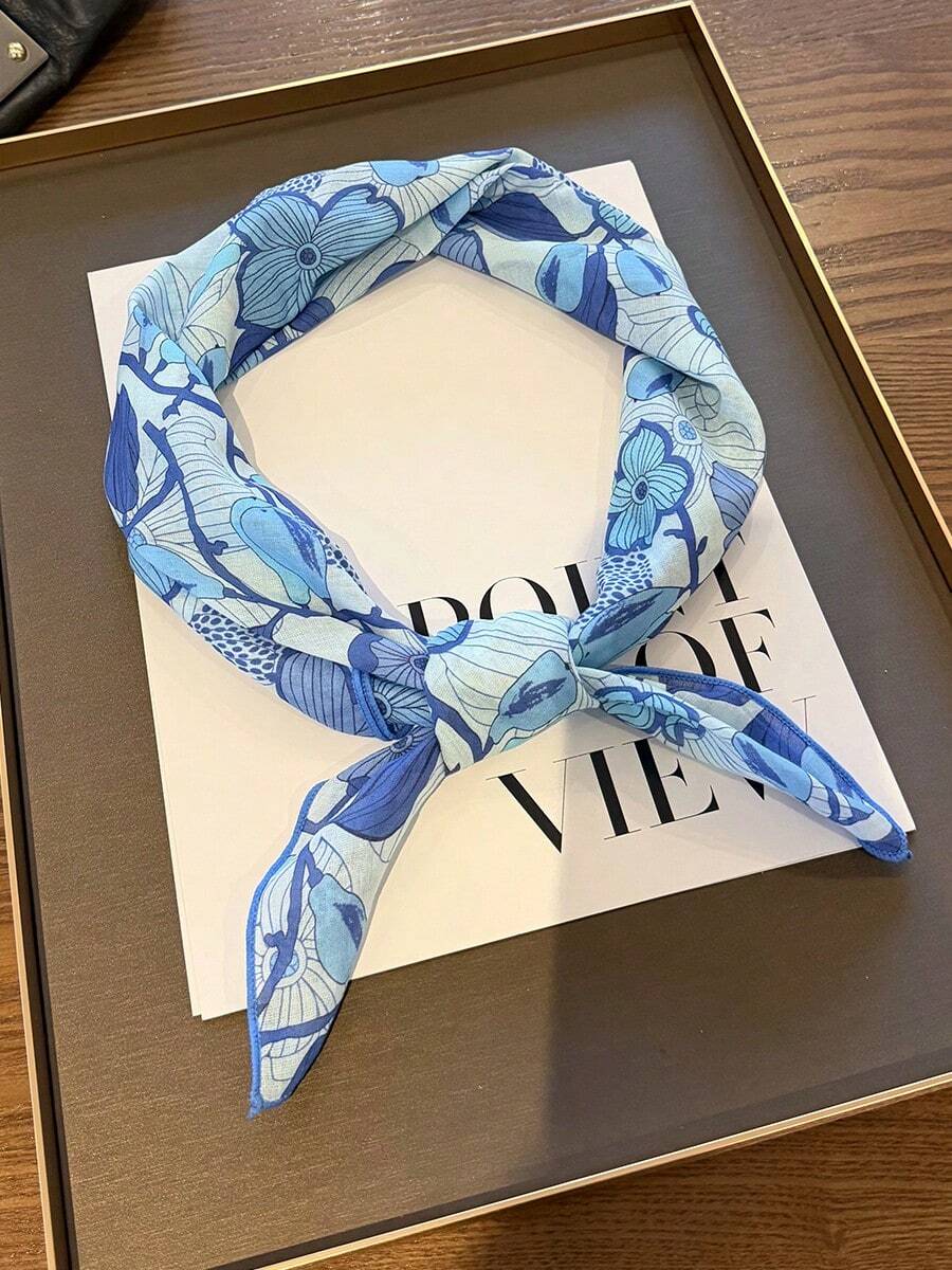 1pc Blue Floral Cartoon Small Square Scarf For Women, Versatile Fashion Headwrap Neck Warmer Decorative Scarf - Dusty Blue - View 1