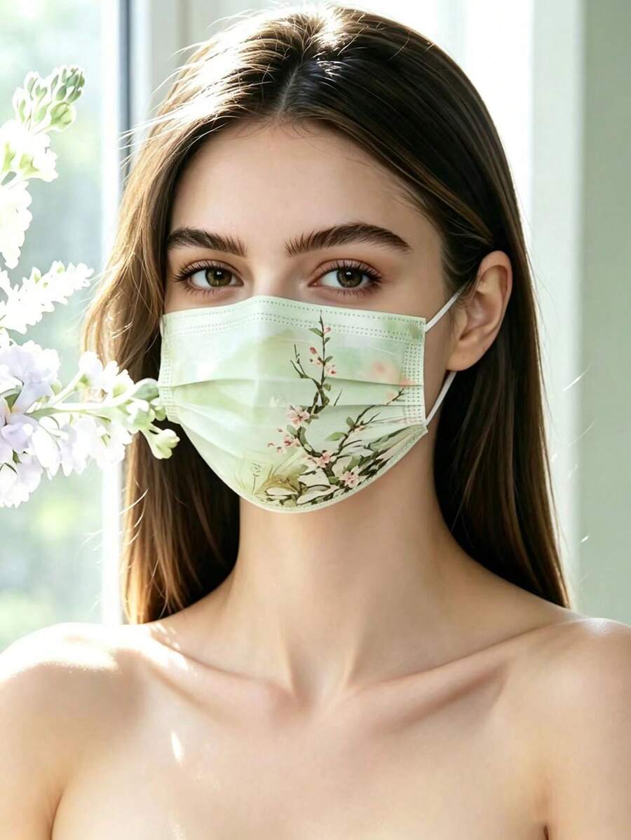 30pcs/Set Women's Disposable Individually Wrapped Masks, 3-Ply Breathable Face Masks, Light Green Chinese Ink Wash Cherry Blossom Print, Built-In Adjustable Nose Wire, Fashion Decorative Masks For Outdoor And Daily Wear, All-Season Versatile Matching Masks - Multicolor - View 1