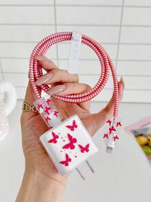 5pcs Red Butterfly Print Design Phone Charger Set 20W/18W, Charging Cable Protector, Charging Head Protective Case, Compatible With IPhone Charger 11 12 13 14 15 16 17 - Red - View 3