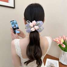 1件紫色仙女森系鬱金香髮圈，溫柔花卉髮飾，髮繩，髮髻裝飾，百搭高馬尾髮繩，精緻髮飾 - 淡紫色 - 查看 2