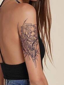 1 pieza Pegatina de tatuaje temporal con diseño de arte de línea negra herbal de chica anime de colas gemelas con patrón vertical largo de espinas góticas, diseño de tatuaje falso realista, adecuado para regalos de despedida de soltera, festivales de música, juegos, regalos de graduación, dura de 7 a 14 días - Negro - Ver 5