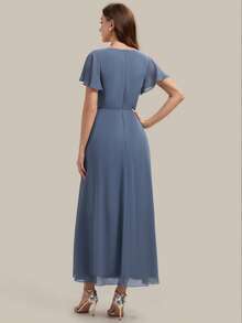 EVERPRETTY Đầm dạ hội nữ thanh lịch, lãng mạn, cổ chữ V, tay ngắn, tay bồng bằng vải chiffon, thích hợp cho đám cưới mùa xuân/hè, các dịp trang trọng, tiệc tốt nghiệp, kỳ nghỉ, tiệc sinh nhật. - Màu xanh bụi bặm - Xem 3