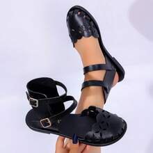 Vintage Hollow Toe Women's Flat Sandals, Solid Color Faux Leather Upper, Double Buckle Heel Strap, Casual Vacation, Lightweight And Breathable - Black Buckle - View 12