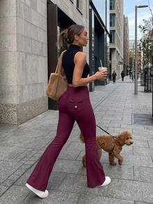 6pecil High Waist Purple Flare Yoga Pants With Pockets, Ruched Butt Lift Flare Pants, V-Shaped Tummy Control Flare Pants Sports - Purple - View 8