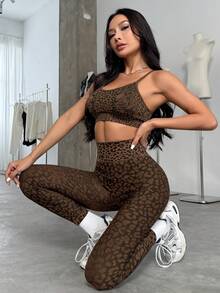 Leopard Print Women's Sports Set Backless Sports Bra & High Waist Tummy Control Butt Lifting Leggings - Brown - View 3