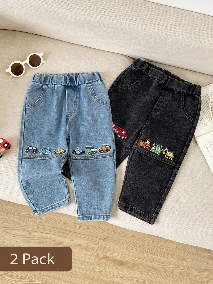 2pcs/Set Spring/Autumn Boys Elastic Waist Car Embroidered Denim Jeans, Casual Outdoor Holiday Long Pants For Toddlers And Kids - Multicolor - View 1