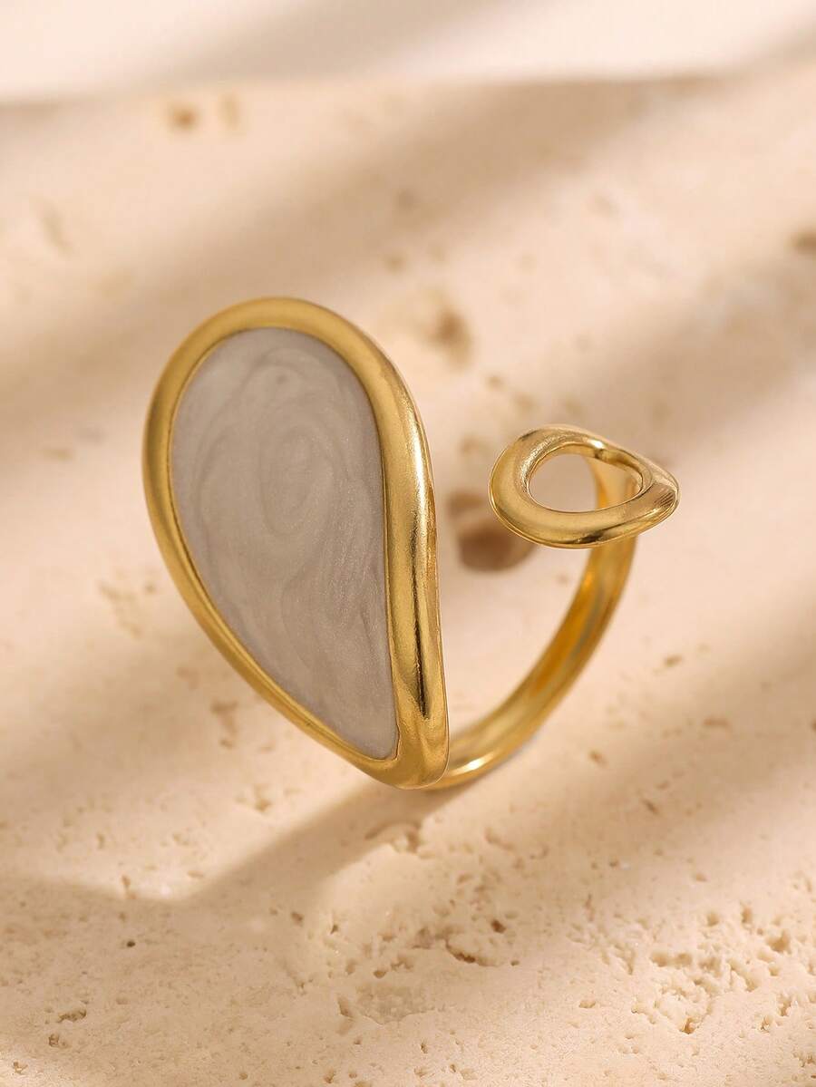 1pc Women's Elegant Asymmetrical Geometric Curved Oil Drop Open Stainless Steel Ring, Adjustable Size, Daily Wear, Non-Fading, Gift - JR1126 - View 1