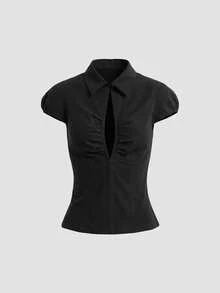 AELITH 女款領口短袖拉鍊抓皺短版修身 T-shirt，春夏簡約風，適合辦公、日常、約會之夜 - 黑色 - 查看 3