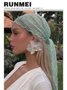 1pc Women's Solid Color Elegant Lace Floral Headscarf, Luxury Bohemian Style Hijab/Shawl, Suitable For Daily Wear, Wedding, Summer Beach Vacation - Mint Green Branches - View 2