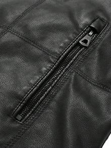 Men's PU Leather Motorcycle Jacket, Slim Fit Motorcycle Style Stand Collar Jacket, Fashion Quilted Detail Casual Jacket, Lightweight Spring/Autumn Windbreaker - Black - View 9