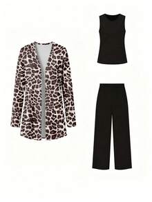 Plus Size Women's Fashionable Leopard Print Elegant 3 Pieces Set Vacation - Black - View 3