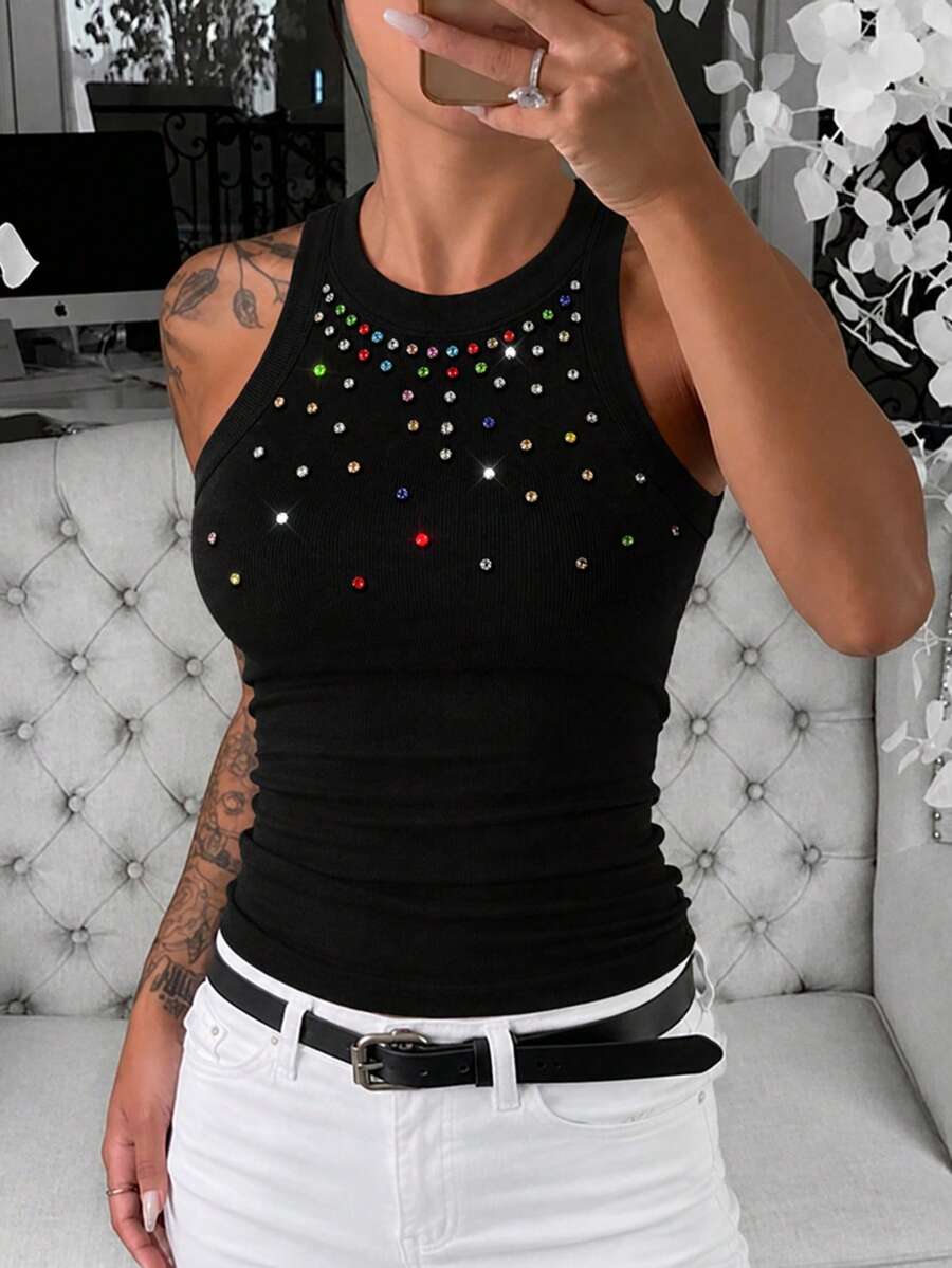ChicMe Atasan Tank Top Wanita Model Racerback Bergaris dengan Hiasan Rhinestone Warna-warni, Kerah Bulat, Potongan Slim Fit, Atasan Camisole Rajut Bergaris untuk Pesta, Pakaian Sehari-hari, Streetwear Kasual - Hitam - View 1