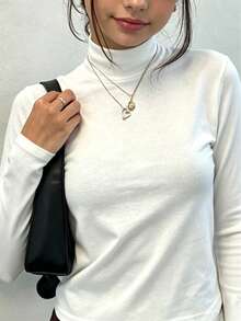 Girls Mock Neck Long Sleeve Tee, Slim Fit Solid Color Basic Fall Casual T-Shirt - White - View 7