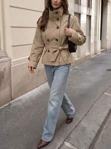 Vusalt Women's Vintage Loose Short High Collar Casual Commuter Trench Coat, Suitable For Women's Outerwear, Spring Clothing, Commuter Office Attire, Daily Wear, Street Fashion - Khaki - View 6