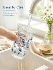 16oz MEOKY Patterned Glass Tumbler With Lid & Straw, Heat-Resistant Borosilicate Cup. Wide Mouth For Ice. Ideal Kitchenware For Home, School & Office Coffee. A Charming Gift For Her. - Dark Blue Small Blue Flower - View 7