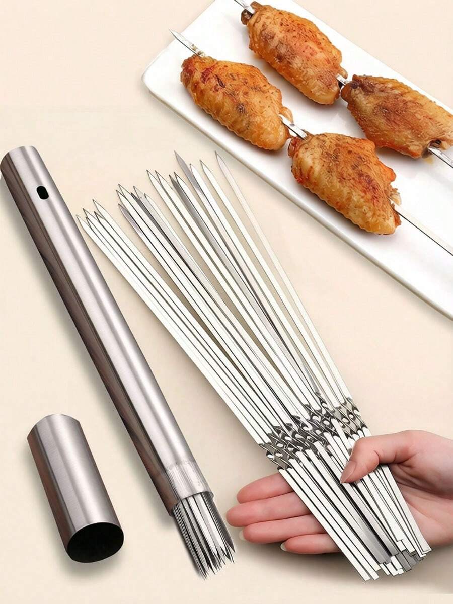 15/20/30pcs Durable Stainless Steel BBQ Skewers With 1 Storage Tube, Reusable And Easy To Clean, Perfect For Grilling, Lamb Skewers And Camping