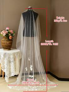 1pc 3D Lace Flower Faux Pearl Long Floor-Length Bridal Veil, White Soft Tulle, Wedding Chapel Bridal Accessory - Milky - View 10