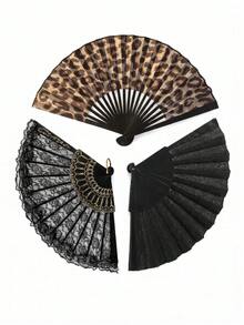 3/1pc Vintage Black Lace Leopard Print Glitter Folding Fan, Handheld Fan For Women, Gothic Y2K Style, Suitable For Halloween, Christmas, Music Festival, Party, Dancing, Photography Props, Accessories For Hanfu, Costume - Multicolor - View 3