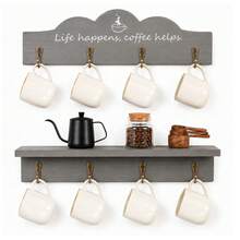 Wall Mounted Coffee Mug Holder With 8 Hooks, Wooden Coffee Cup Rack With Coffee Sign, Space Saving Kitchen Mug Organizer Display Shelf For Kitchen, Bar, Coffee Station - Grey - View 1