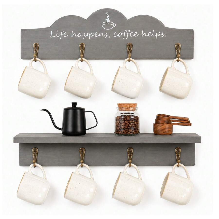 Wall Mounted Coffee Mug Holder With 8 Hooks, Wooden Coffee Cup Rack With Coffee Sign, Space Saving Kitchen Mug Organizer Display Shelf For Kitchen, Bar, Coffee Station - Grey - View 1