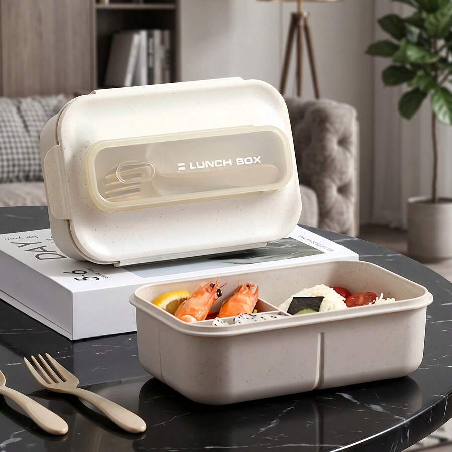1pc Bento Box - Beige - With Utensils, Adult Microwavable Lunch Box ...