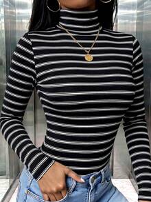 女款休閒羅紋條紋高領長袖修身T恤，適合日常穿著，秋冬上衣套裝，可愛外出風 - 條紋 - 查看 2